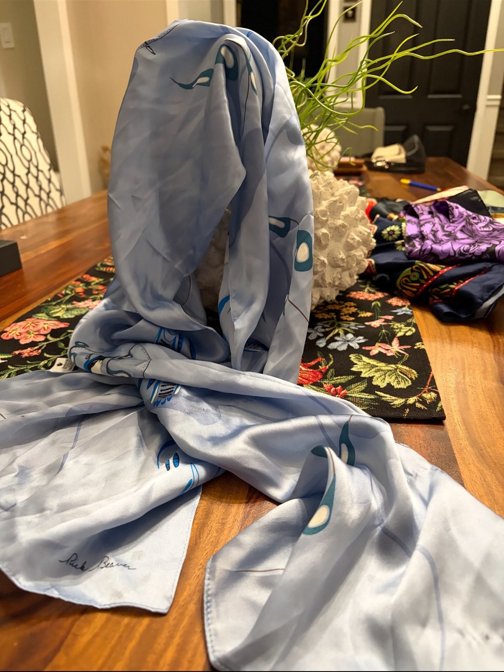 Vintage orcando  hand painted 💯 Silk Pale Blue Printed Scarf 62 x 13